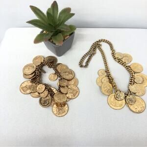 Vintage 90s Republique Francaise Faux Gold Coin Charm Necklace Stretch Bracelet